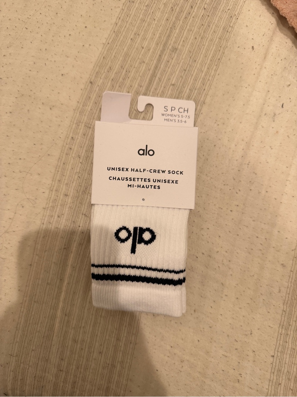 ALO Yoga White Half-Crew Athletic Socks with Black Stripes